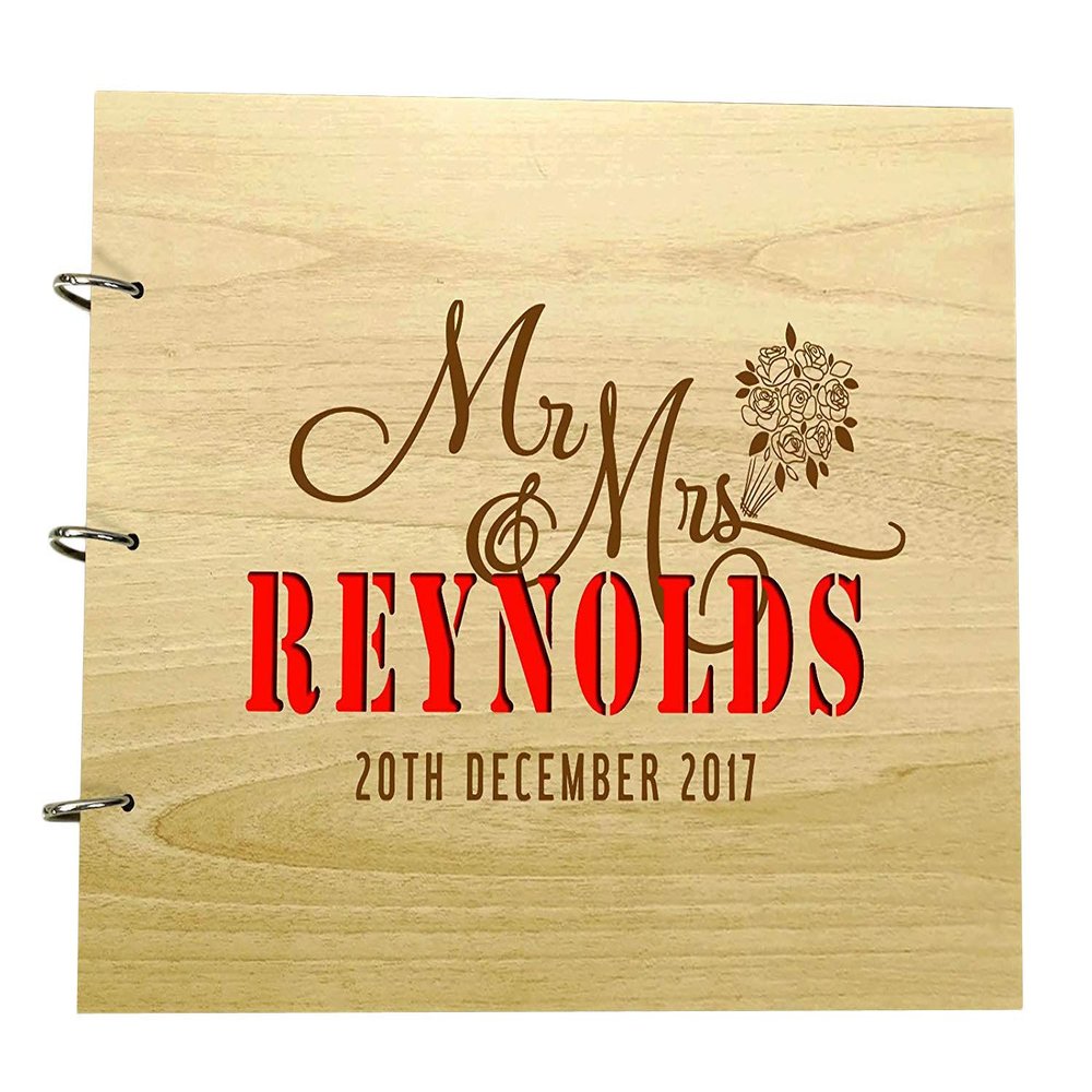 Wood Engraved Name Bride & Groom Advice Guestbook Custom Rustic Wedding Scrapbook