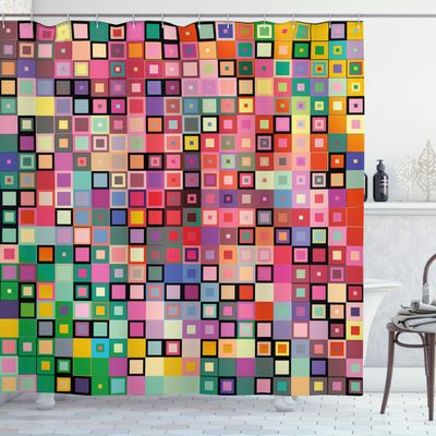 Ambesonne Modern Shower Curtain, Rainbow Like Colorful Design with Geometrical Details Squares with Dots Image Print, Cloth Fabric Bathroom Decor Set with Hooks, 69" W x 75" L, Multicolor Dark Coral