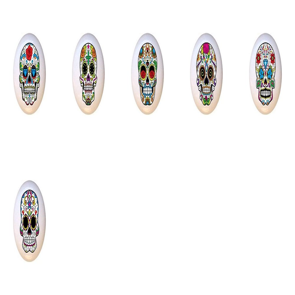 SET OF 6 KNOBS - Skull Set #51321 - Happy Sugar Skulls Skeleton - DECORATIVE Glossy CERAMIC Cupboard Cabinet PULLS Dresser Drawer KNOBS