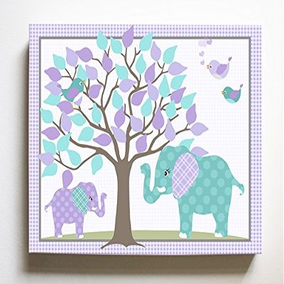 Whimsical Elephant & Lovebirds Garden - Checkerboard Stretched Canvas Nursery Decor - Wall Art That Makes a Memorable Baby Gift Idea - Wooden Frame Construction - Ready to Hang 24X30