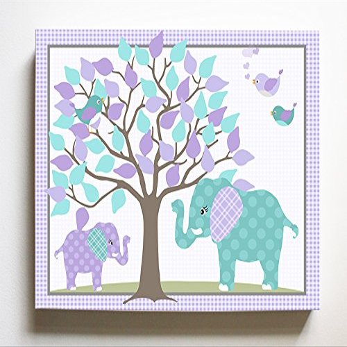 Whimsical Elephant & Lovebirds Garden - Checkerboard Stretched Canvas Nursery Decor - Wall Art That Makes a Memorable Baby Gift Idea - Wooden Frame Construction - Ready to Hang 24X30
