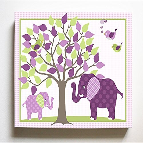 Whimsical Elephant & Lovebirds Garden - Checkerboard Stretched Canvas Nursery Decor - Wall Art That Makes a Memorable Baby Gift Idea - Wooden Frame Construction - Ready to Hang 20X24