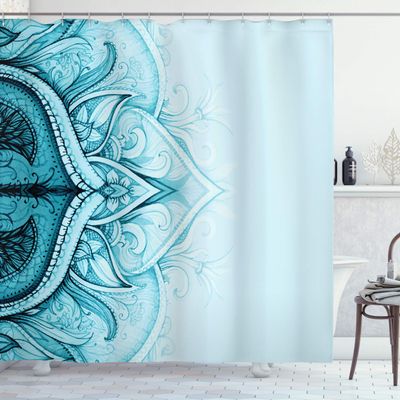 Ambesonne Mandala Shower Curtain, Traditional Ornamental Lace Style Border of Swirled Flower Lines Eastern Folk Aquatic Colors Artwork, Cloth Fabric Bathroom Decor Set with Hooks, 69" W x 84" L, Aqua