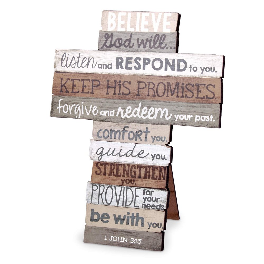 Lighthouse Christian Products Believe God Will Distressed Wood 9 Inch Stacked Wood Cross Figurine