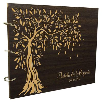 Wood Engraved Custom Scrapbook Personalized Handmade Tree Design Wedding Guest Book