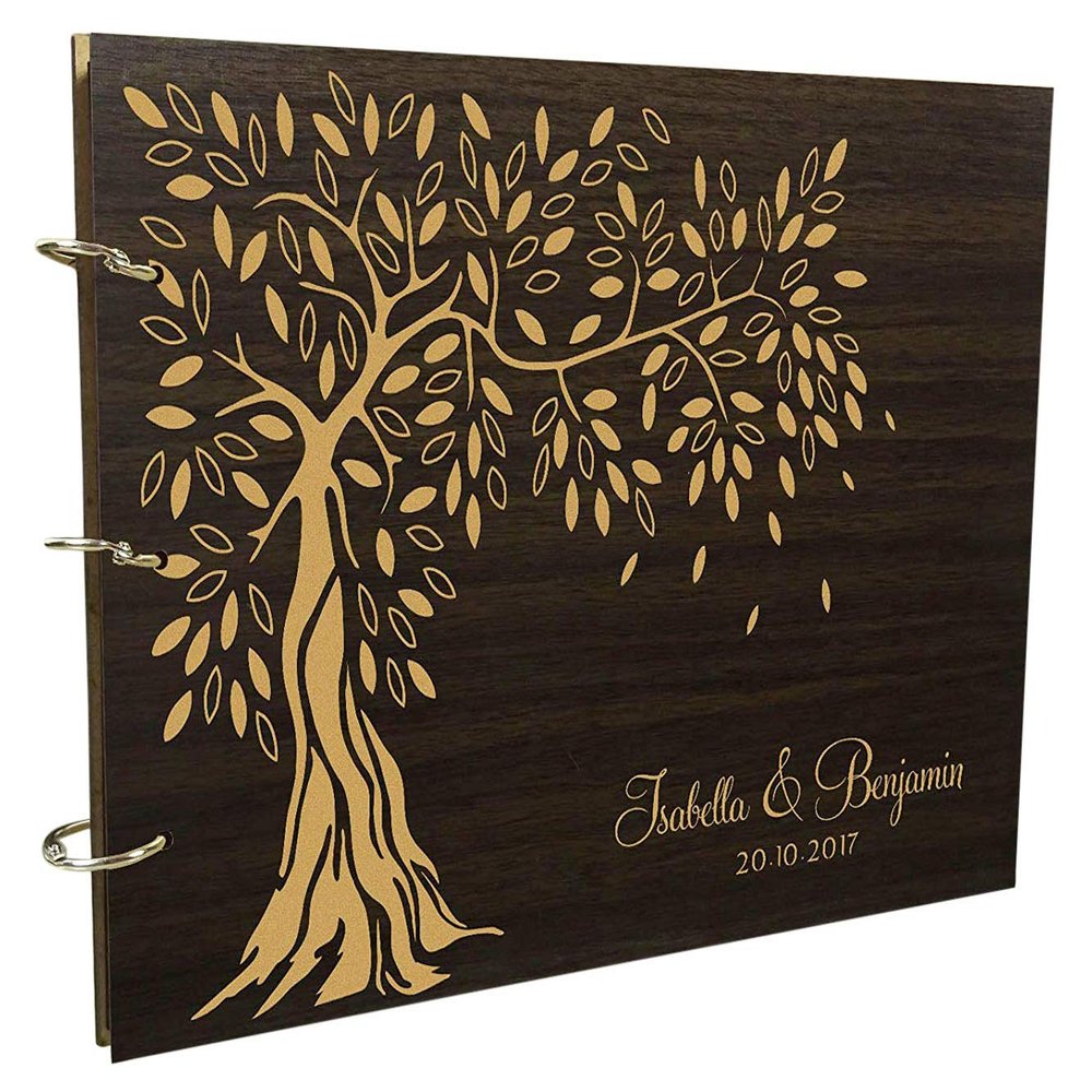 Wood Engraved Custom Scrapbook Personalized Handmade Tree Design Wedding Guest Book