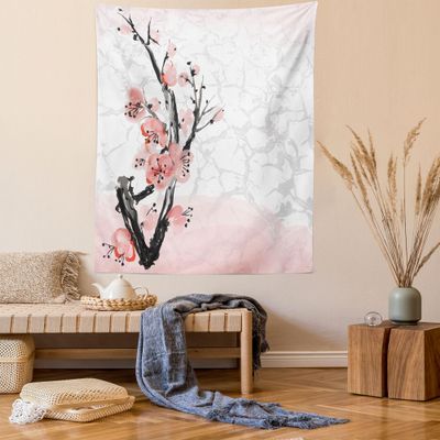 Ambesonne Floral Tapestry, Japanese Cherry Blossom Sakura Tree Branch Soft Pastel Watercolor Print, Wall Hanging for Bedroom Living Room Dorm Decor, 60" X 80", Pink Coral