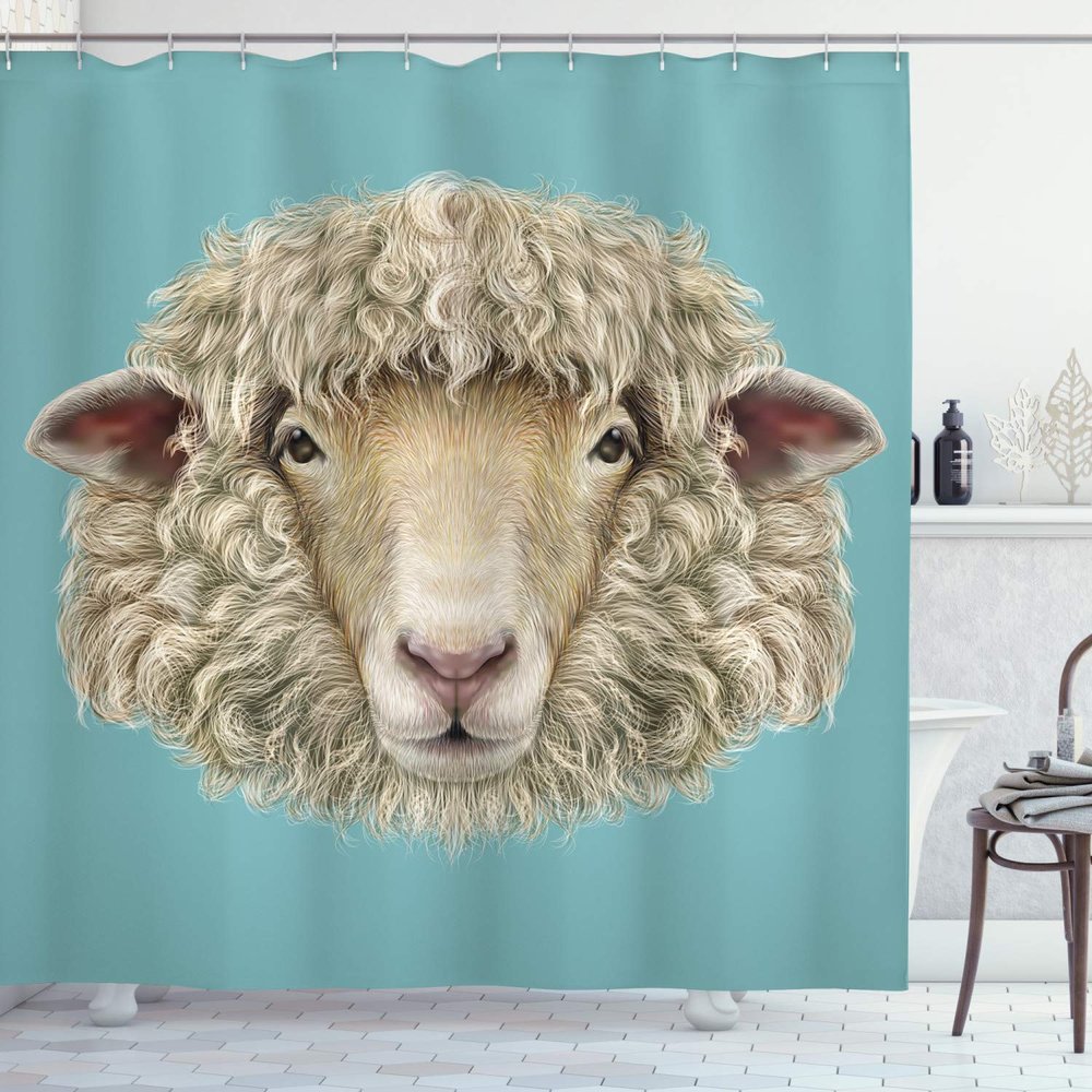 Ambesonne Humor Shower Curtain, Portrait of Ram Sheep Goat Head Meadow Mammal Hipster Retro Style Graphic Art, Cloth Fabric Bathroom Decor Set with Hooks, 69" W x 75" L, Turquoise Tan
