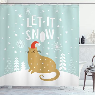 Ambesonne Christmas Shower Curtain, Let It Snow Words Kitty Cat with Santa Claus Hat Snow Graphic, Cloth Fabric Bathroom Decor Set with Hooks, 69" W x 84" L, Brown Seafoam