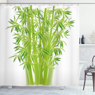 Ambesonne Exotic Shower Curtain, Bamboo Stems with Leaves Fresh Bunch Tropical Plant Eco Foliage Print, Cloth Fabric Bathroom Decor Set with Hooks, 69" W x 84" L, Lime Green