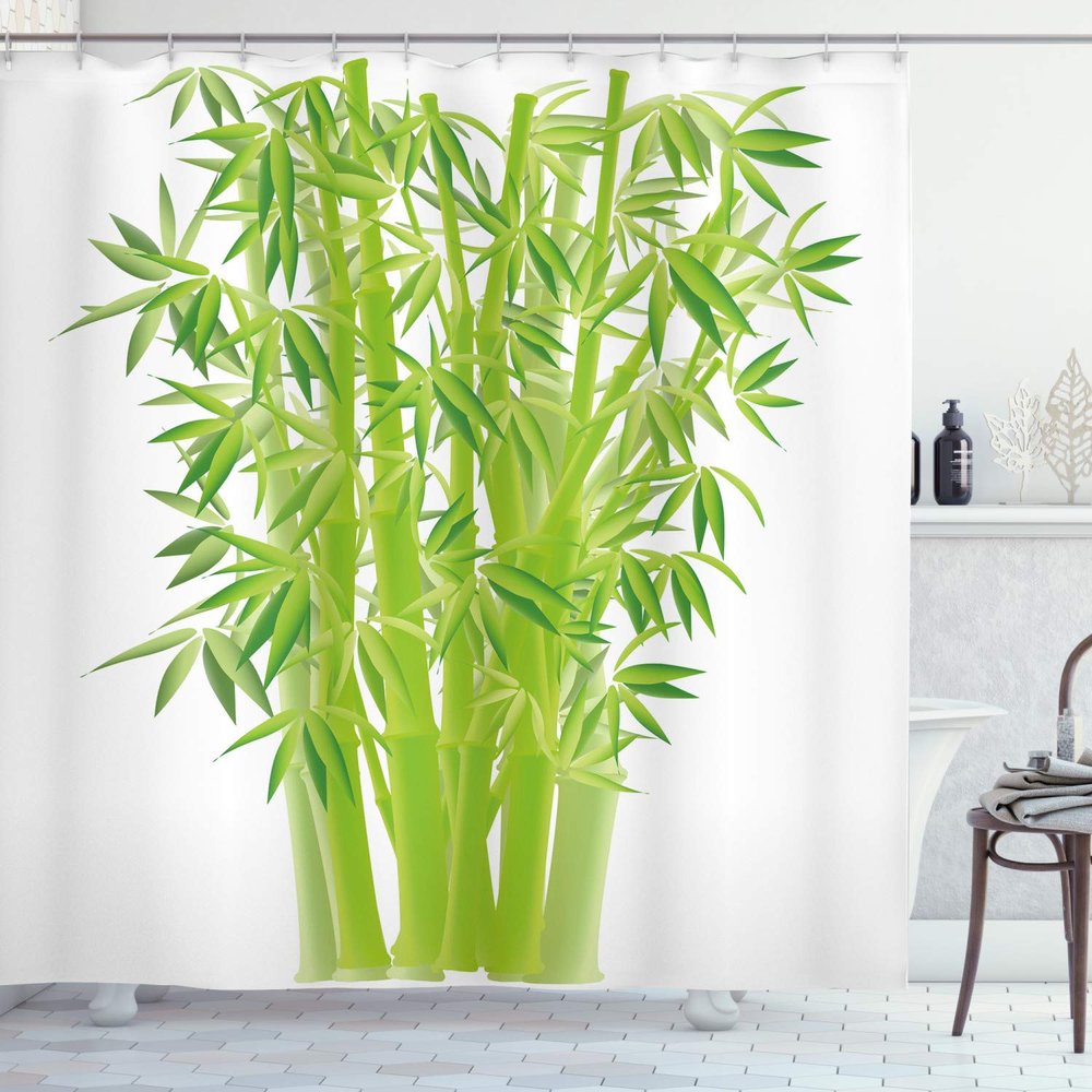 Ambesonne Exotic Shower Curtain, Bamboo Stems with Leaves Fresh Bunch Tropical Plant Eco Foliage Print, Cloth Fabric Bathroom Decor Set with Hooks, 69" W x 84" L, Lime Green