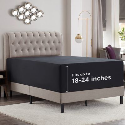 Empyrean Black Extra Deep Pocket Fitted Sheet Full Size, Hotel Luxury Deep Pocket Full Size Fitted Sheet Only Easily Fits 18 to 24 Inch Mattress, Soft, Wrinkle-Free, and Breathable with Corner Straps