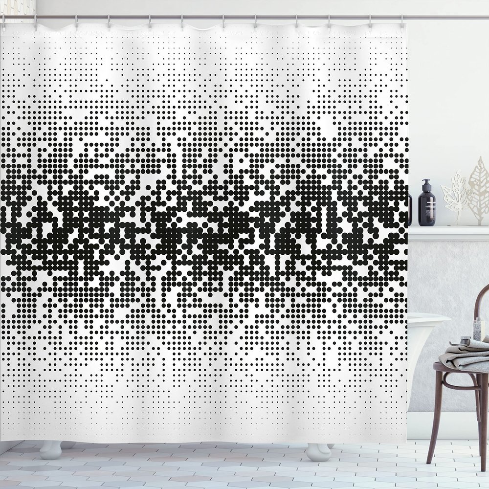 Ambesonne Modern Shower Curtain, Digital Art Print with Geometrical Squares Dots Abstract Ombre Image Print, Cloth Fabric Bathroom Decor Set with Hooks, 69" W x 70" L, Black and White