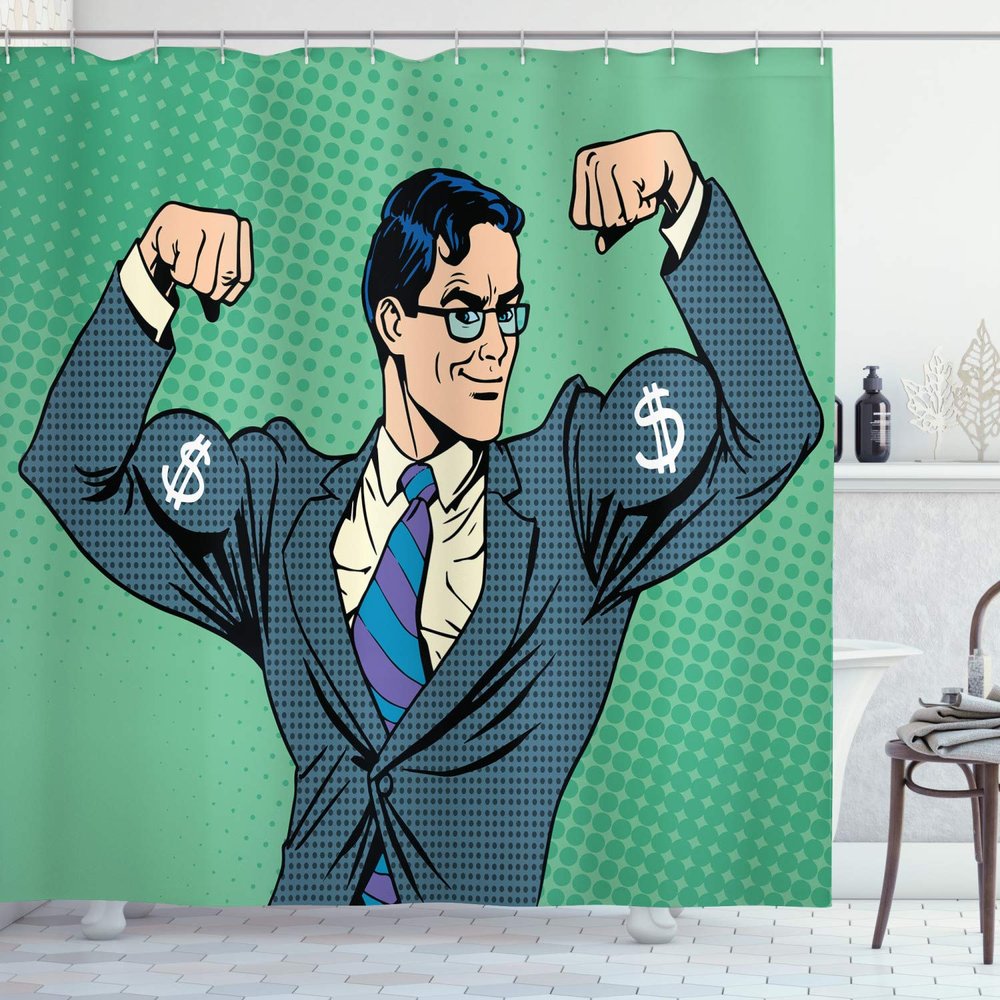 Ambesonne Green Shower Curtain, Pop Art Retro Style Manly Businessman with Currency Dollar Money Print, Cloth Fabric Bathroom Decor Set with Hooks, 69" W x 84" L, Petrol Blue Fern Green