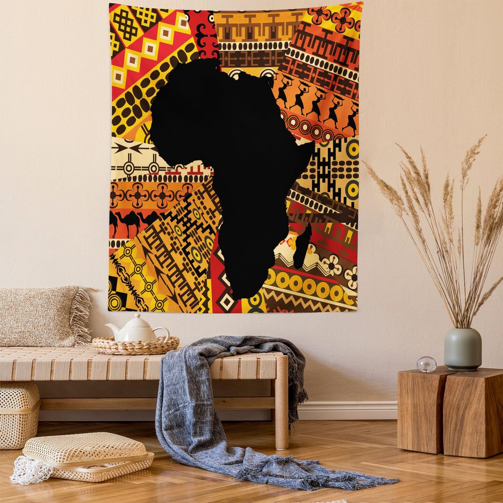 Ambesonne African Tapestry, Abstract Style Map on Carpet Background Illustration, Wall Hanging for Bedroom Living Room Dorm Decor, 60" X 80", Black and Orange