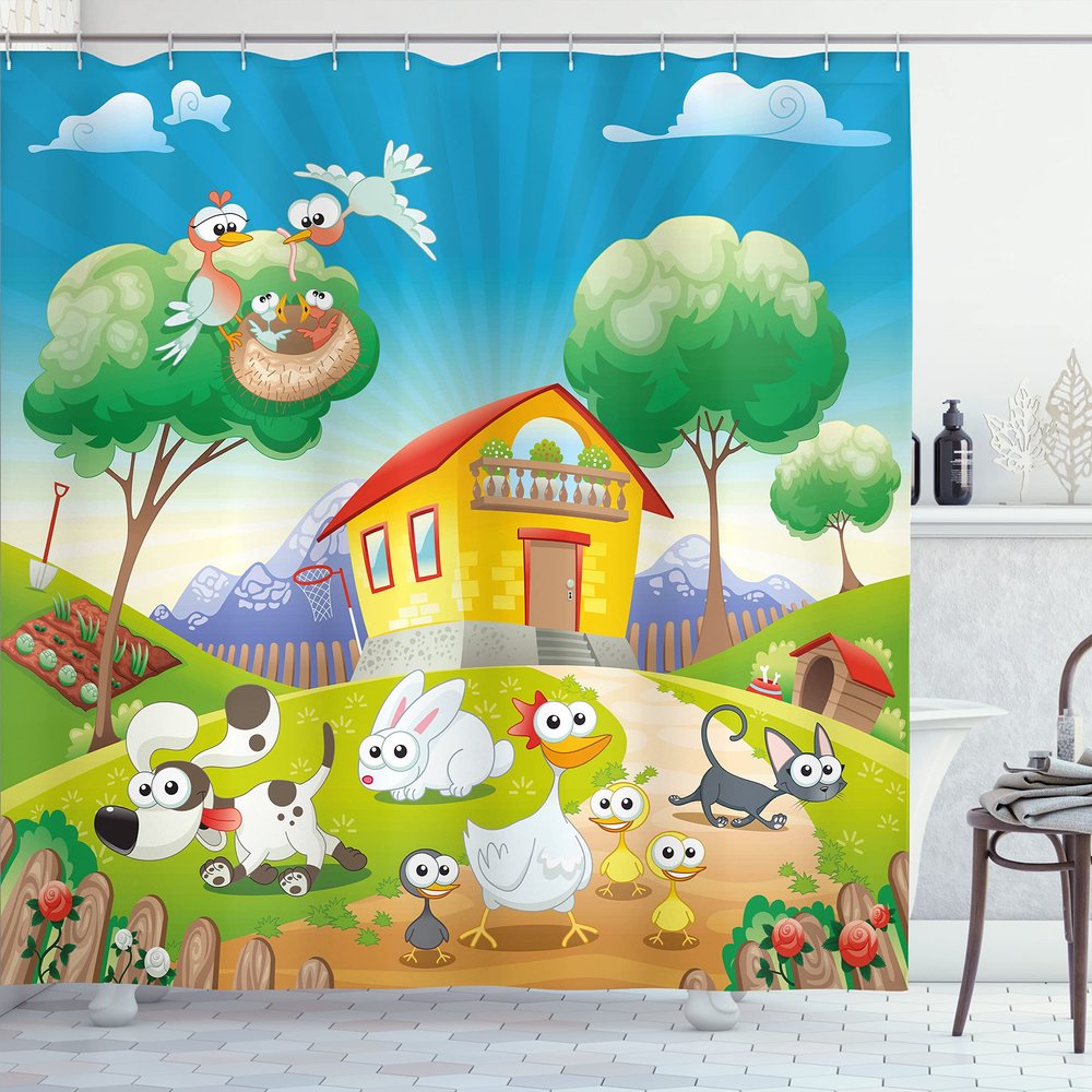 Ambesonne Animal Shower Curtain, Farm House Scenery Chicken Rabbit Dogs Cat Funny Cartoon Art Funny Theme, Cloth Fabric Bathroom Decor Set with Hooks, 69" W x 70" L, Multicolor