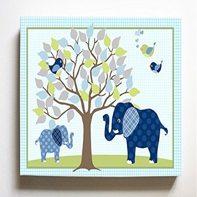 Whimsical Elephant & Lovebirds Garden - Checkerboard Stretched Canvas Nursery Decor - Wall Art That Makes a Memorable Baby Gift Idea - Wooden Frame Construction - Ready to Hang 10X12