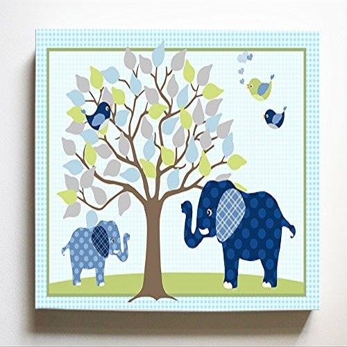 Whimsical Elephant & Lovebirds Garden - Checkerboard Stretched Canvas Nursery Decor - Wall Art That Makes a Memorable Baby Gift Idea - Wooden Frame Construction - Ready to Hang 10X12