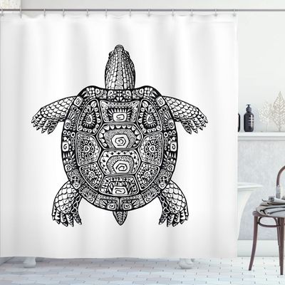 Ambesonne Turtle Shower Curtain, Tribal Patterns on Turtle Illustration Monochrome Animal Themed Tortoise Print, Cloth Fabric Bathroom Decor Set with Hooks, 69" W x 84" L, White Charcoal Grey