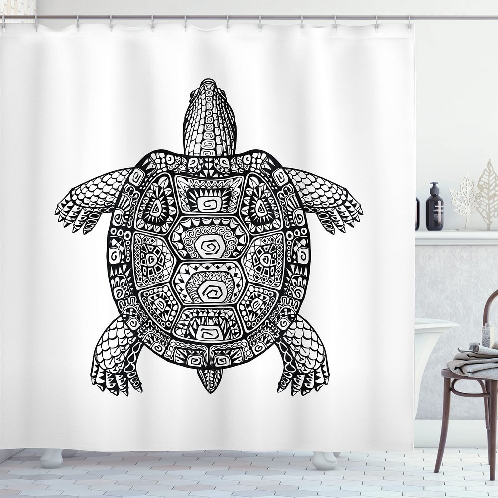 Ambesonne Turtle Shower Curtain, Tribal Patterns on Turtle Illustration Monochrome Animal Themed Tortoise Print, Cloth Fabric Bathroom Decor Set with Hooks, 69" W x 84" L, White Charcoal Grey