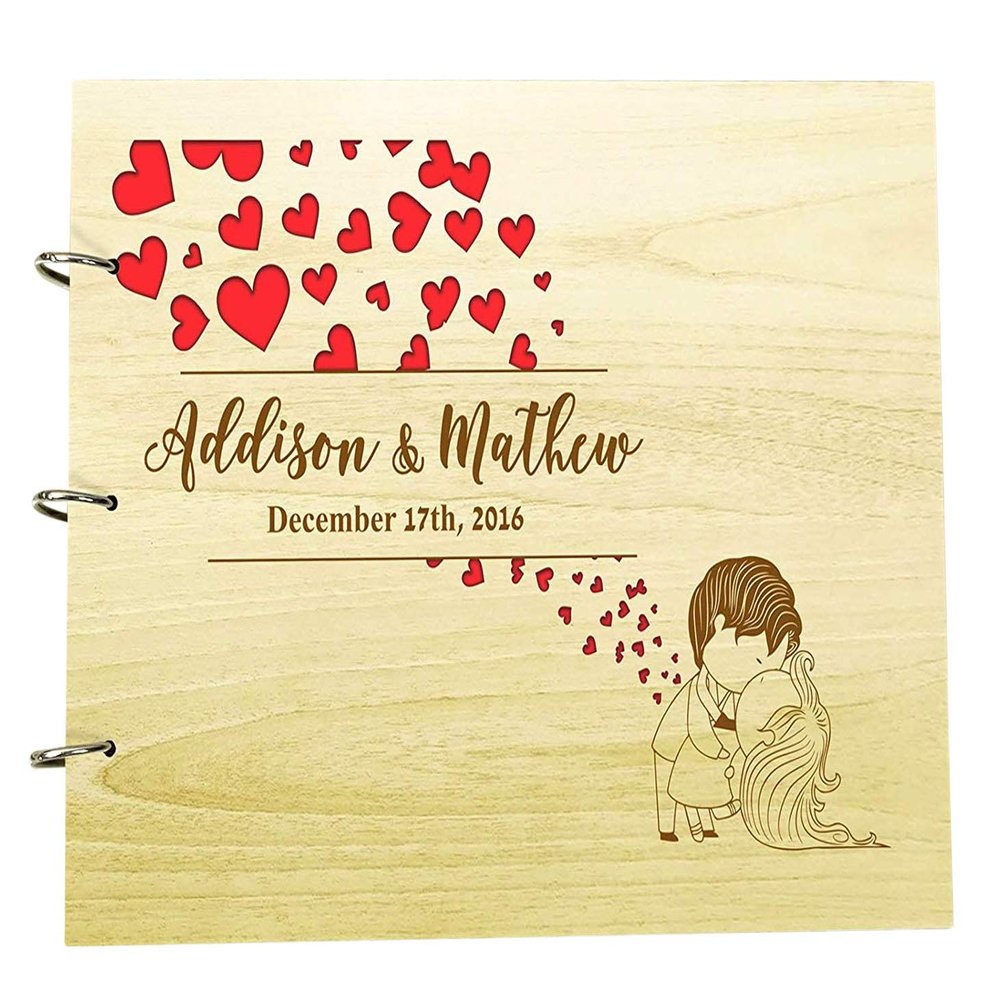 Rustic Wedding Couple Name Engraved Guest Book Personalized Wood Wooden Scrapbook