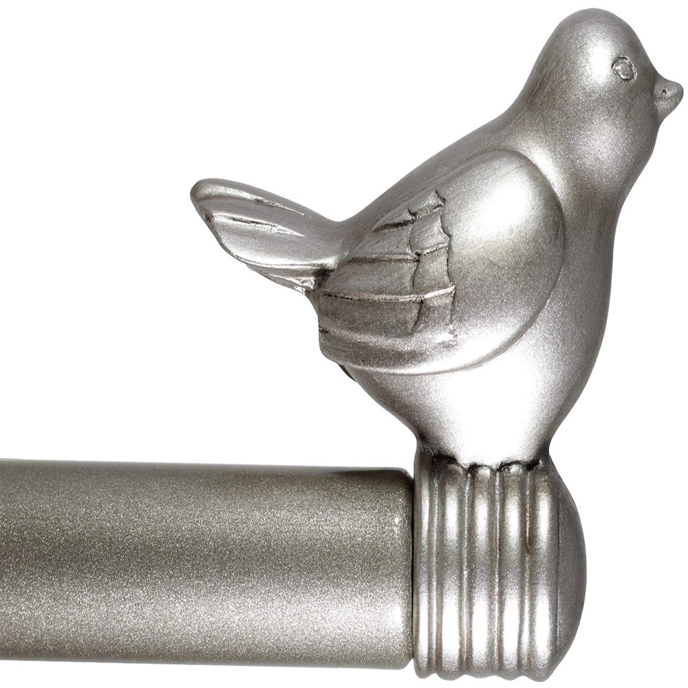3/4-inch Cute Decorative Bird Adjustable Window Treatment Curtain Single Rod Set, 84" to 120" - Glossy Silver (Pewter)