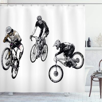 Ambesonne Sketchy Shower Curtain, Hand Drawn Image of Cyclists Bicycle Bikes with Tour De France Theme Outdoors, Cloth Fabric Bathroom Decor Set with Hooks, 69" W x 70" L, Black and White