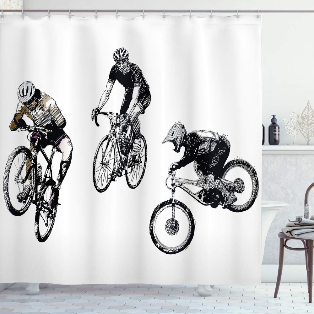 Ambesonne Sketchy Shower Curtain, Hand Drawn Image of Cyclists Bicycle Bikes with Tour De France Theme Outdoors, Cloth Fabric Bathroom Decor Set with Hooks, 69" W x 70" L, Black and White