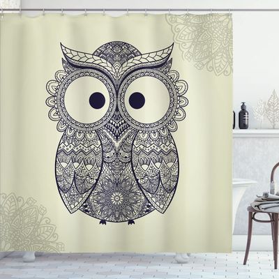Ambesonne Ethnic Shower Curtain, Design Illustration Owl with Flowers Owl Bird Ornamental Pattern, Cloth Fabric Bathroom Decor Set with Hooks, 69" W x 75" L, Blue Eggshell