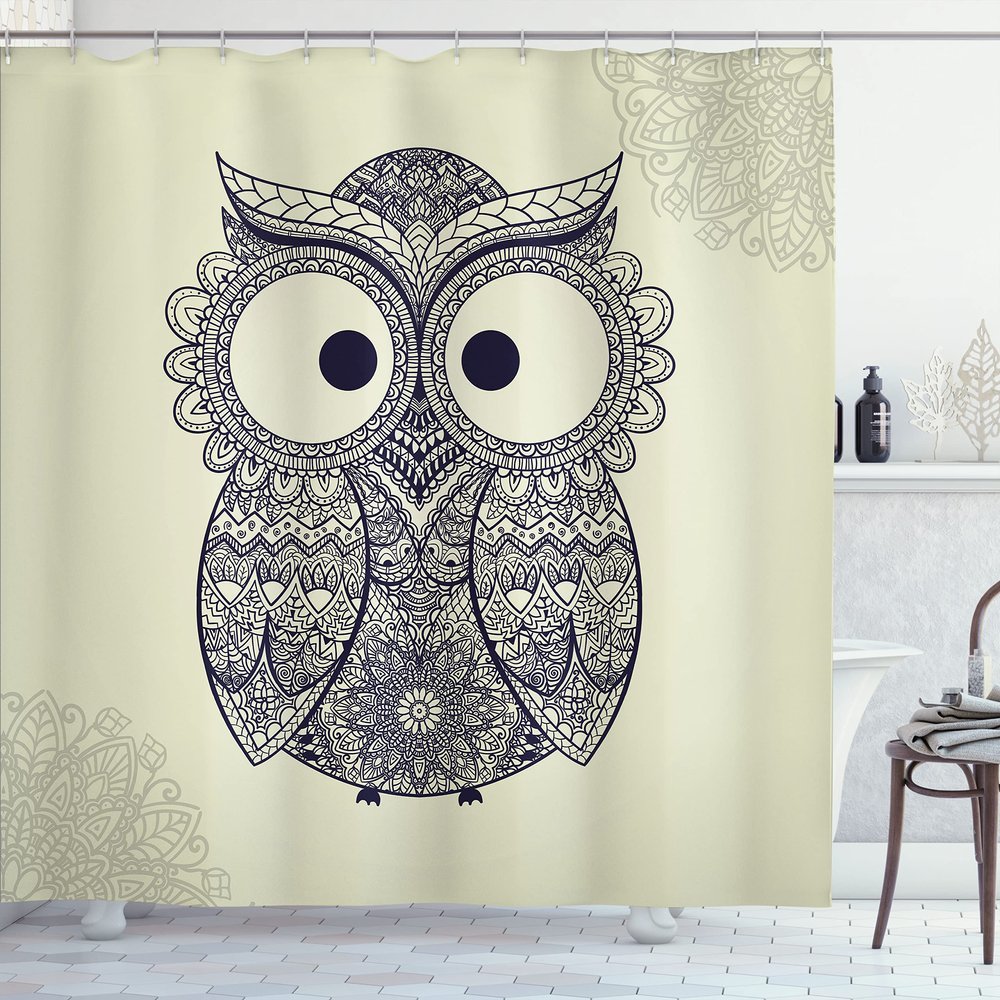 Ambesonne Ethnic Shower Curtain, Design Illustration Owl with Flowers Owl Bird Ornamental Pattern, Cloth Fabric Bathroom Decor Set with Hooks, 69" W x 75" L, Blue Eggshell
