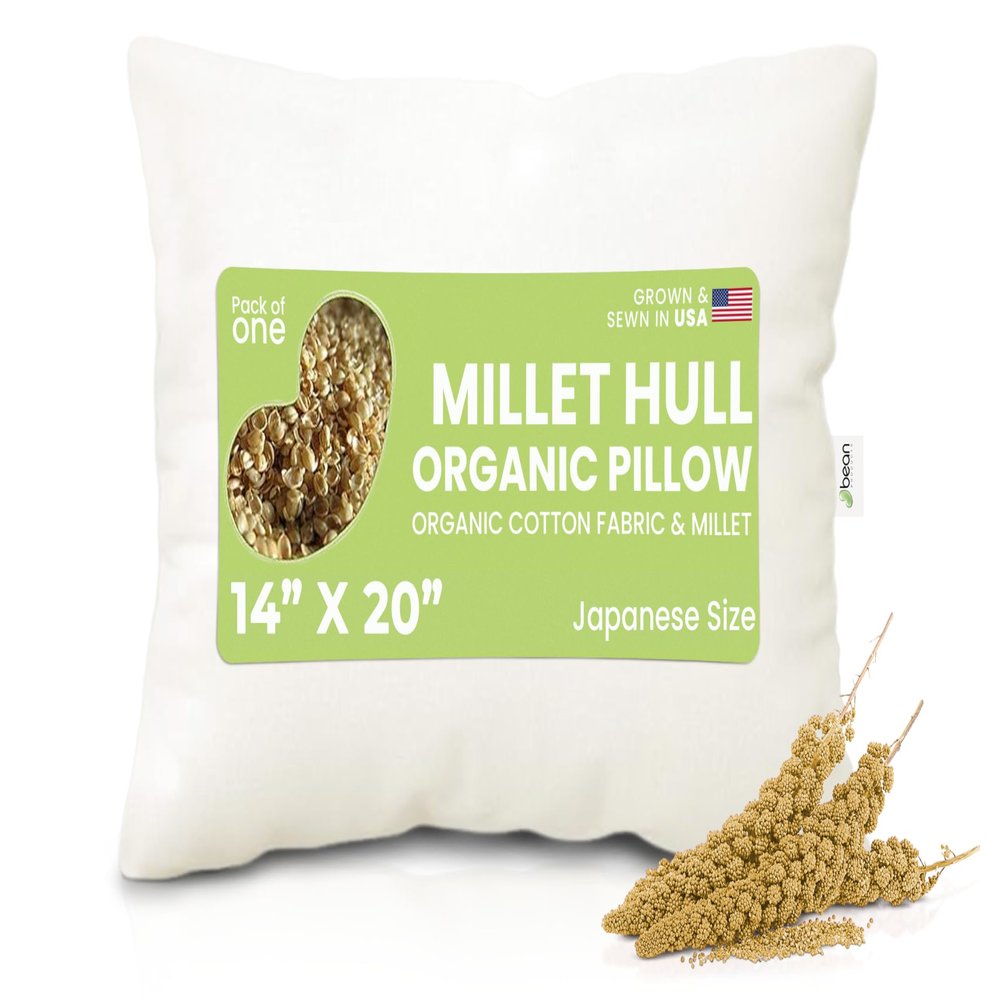 Bean Products Japanese Bed Pillow for Sleeping  Organic Millet Fill with Organic Cotton Fabric, Soft Head Pillow  Eco-Friendly, Breathable, and Durable Sleep Aid - Made in The USA, 14" x 20"