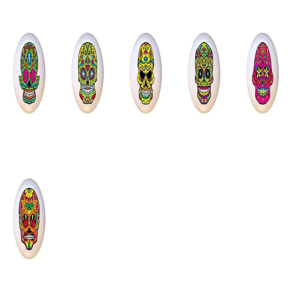 SET OF 6 KNOBS - Skull Set #51327 - Happy Sugar Skulls Skeleton - DECORATIVE Glossy CERAMIC Cupboard Cabinet PULLS Dresser Drawer KNOBS