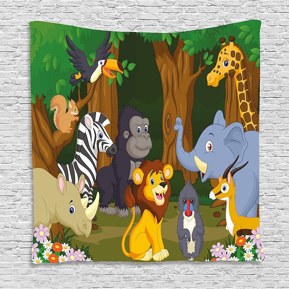 Ambesonne Animal Tapestry, Cartoon Style Gazelle Giraffe Gorilla Lion Animals Illustration, Wall Hanging for Bedroom Living Room Dorm Decor, 40" X 60", Brown Green