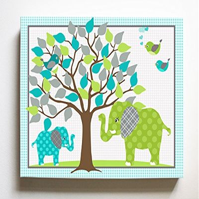 Whimsical Elephant & Lovebirds Garden - Checkerboard Stretched Canvas Nursery Decor - Wall Art That Makes a Memorable Baby Gift Idea - Wooden Frame Construction - Ready to Hang 10X12