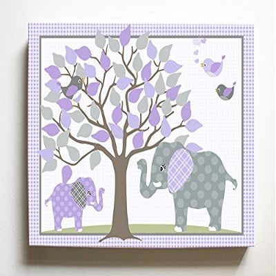 Whimsical Elephant & Lovebirds Garden - Checkerboard Stretched Canvas Nursery Decor - Wall Art That Makes a Memorable Baby Gift Idea - Wooden Frame Construction - Ready to Hang 10X12