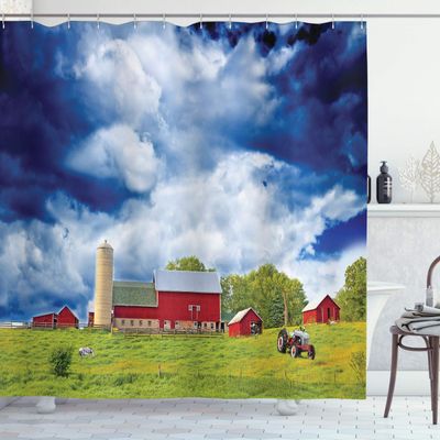 Ambesonne Country Shower Curtain, Landscape Scenery View Warehouse Barn Clear Clouds Fields Photo, Cloth Fabric Bathroom Decor Set with Hooks, 69" W x 84" L, Apple Green White
