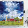 Ambesonne Country Shower Curtain, Landscape Scenery View Warehouse Barn Clear Clouds Fields Photo, Cloth Fabric Bathroom Decor Set with Hooks, 69" W x 84" L, Apple Green White view 1