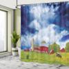 Ambesonne Country Shower Curtain, Landscape Scenery View Warehouse Barn Clear Clouds Fields Photo, Cloth Fabric Bathroom Decor Set with Hooks, 69" W x 84" L, Apple Green White view 4