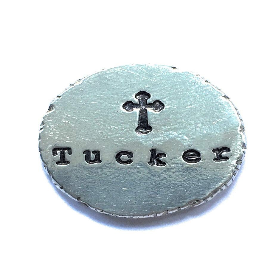Dolphin Moon Creations Personalized Hand Stamped Religious Cross Pewter Pocket Token