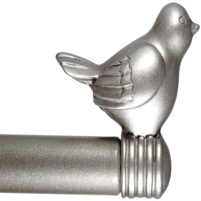 3/4-inch Cute Decorative Bird Adjustable Window Treatment Curtain Single Rod Set, 28" to 48" - Glossy Silver (Pewter)