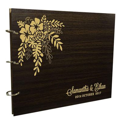 Wood Wooden Floral Engraved Bride & Groom Photo Albums Scrapbook Custom Rustic Wedding Guest Book