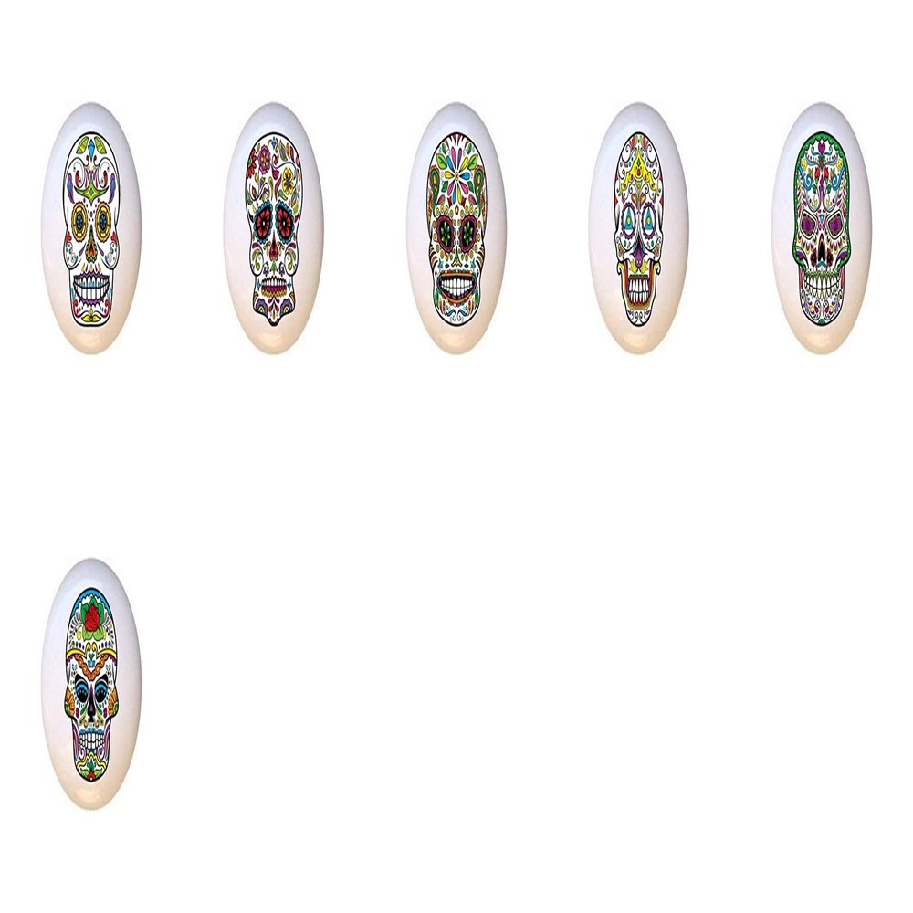 SET OF 6 KNOBS - Skull Set #51292 - Happy Sugar Skulls Skeleton - DECORATIVE Glossy CERAMIC Cupboard Cabinet PULLS Dresser Drawer KNOBS