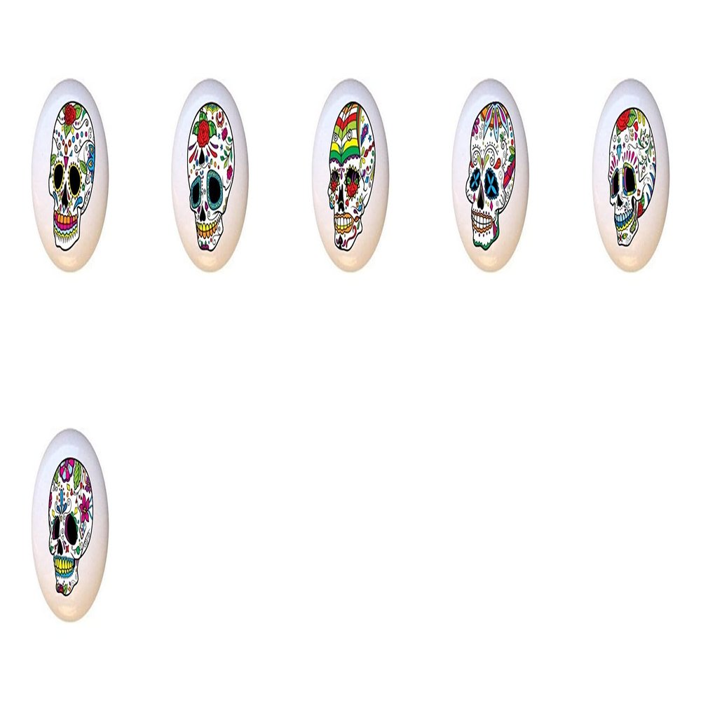 SET OF 6 KNOBS - Skull Set #51299 - Happy Sugar Skulls Skeleton - DECORATIVE Glossy CERAMIC Cupboard Cabinet PULLS Dresser Drawer KNOBS