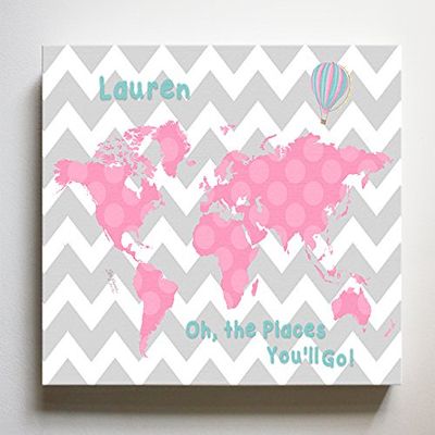 Dr Seuss, Personalized Canvas Nursery Chevron World Map, Customized Baby Name Wall Art Decor, Unique Educational Painting, Memorable Boys & Girls Gift, Giclee Print Stretched on Wood Frame 16X20