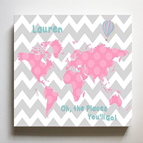Dr Seuss, Personalized Canvas Nursery Chevron World Map, Customized Baby Name Wall Art Decor, Unique Educational Painting, Memorable Boys & Girls Gift, Giclee Print Stretched on Wood Frame 16X20