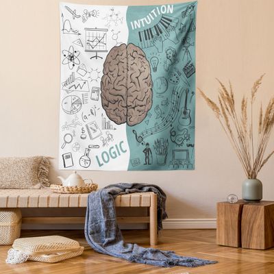 Ambesonne Modern Tapestry, Brain Image Left and Right Music Logic Art Side Science Print, Wall Hanging for Bedroom Living Room Dorm Decor, 60" X 80", White Teal Umber