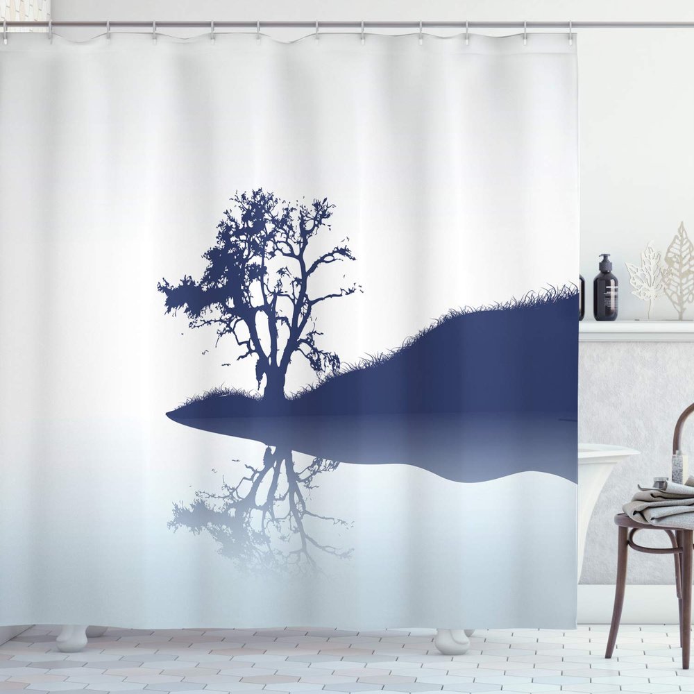 Ambesonne Nature Shower Curtain, Silhouette of Lonely Tree by Lake with Mirror Effects Melancholy Illustration, Cloth Fabric Bathroom Decor Set with Hooks, 69" W x 70" L, Pale Blue Indigo