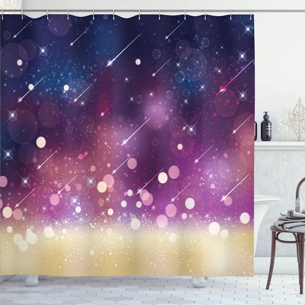 Ambesonne Space Shower Curtain, Shooting Stars Scenery Celestial Galaxy Themed Cosmos Motion Image Art, Cloth Fabric Bathroom Decor Set with Hooks, 69" W x 70" L, Navy Blue Plum Yellow