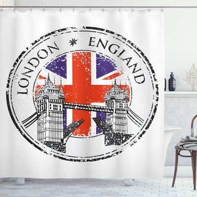 Ambesonne British Shower Curtain, London England Grunge Stamp Flag Nostalgic National Graphic, Cloth Fabric Bathroom Decor Set with Hooks, 69" W x 84" L, Pale Grey Navy Blue