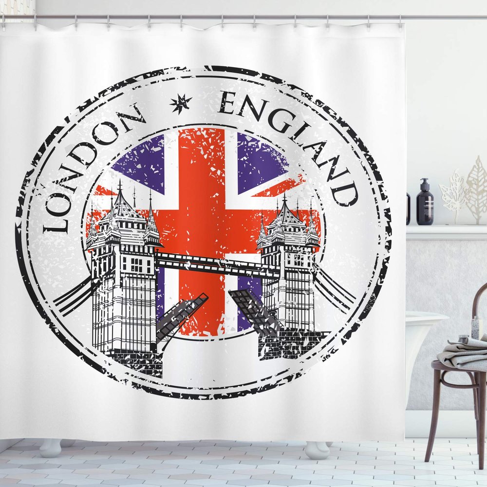 Ambesonne British Shower Curtain, London England Grunge Stamp Flag Nostalgic National Graphic, Cloth Fabric Bathroom Decor Set with Hooks, 69" W x 84" L, Pale Grey Navy Blue